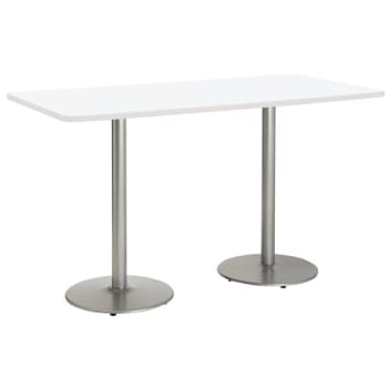 Kfi 36" X 72" Pedestal Table W/designer White Top, White Edge, Round Silver Ba