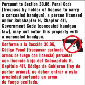 Hy-Ko "No Conceal Weapon" Texas Compliant Sign, Polystyrene, 24" X 24"
