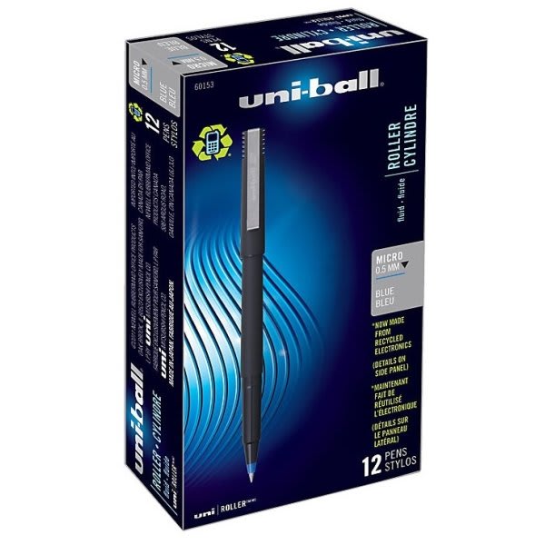 Uniball Roller Ball Stick Pens, Micro Point (0.5mm), Blue Ink, 12 Count 