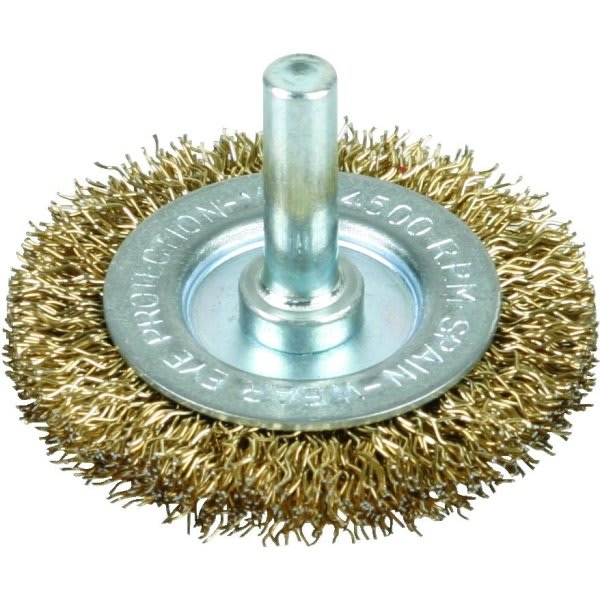 2" Wire Wheel Brush, BrassCoated Steel, Coarse, 1/4" Shank, Package Of