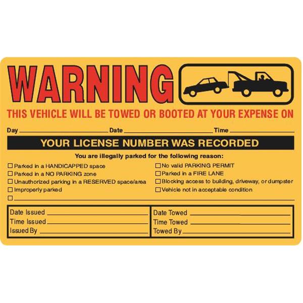 Parking Violation Sticker Tow Warning, Large, Orange, 8 X 5