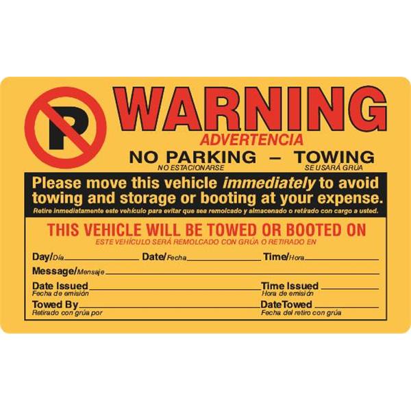 Parking Violation Sticker Warning Tow, Bilingual, Orange, 8 x 5