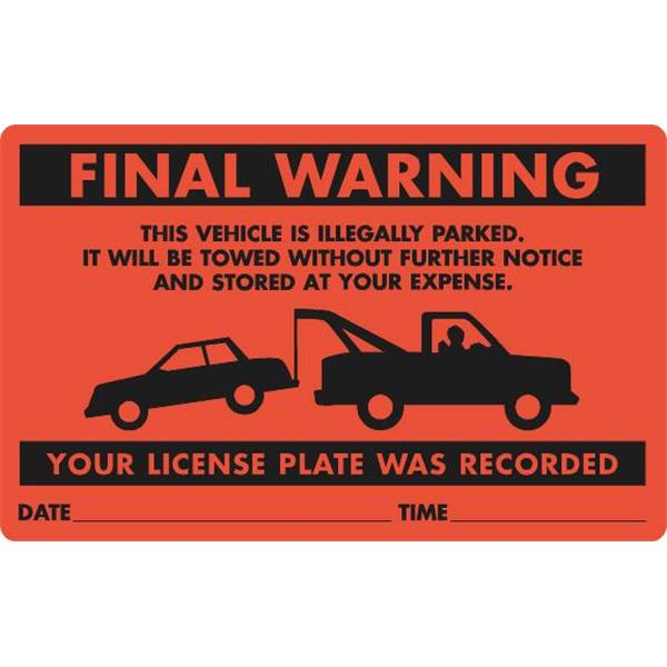 Parking Violation Sticker Final Tow Warning, Red, 8 x 5