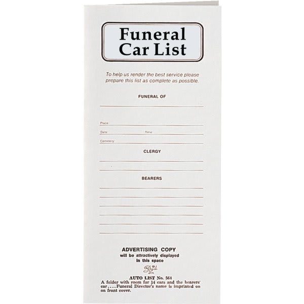 Funeral Car Folder Auto Procession List Space for 15 Cars 3.5" x 8.