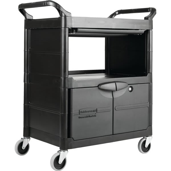Rubbermaid Black Service Utility Cart With Cabinet Sliding