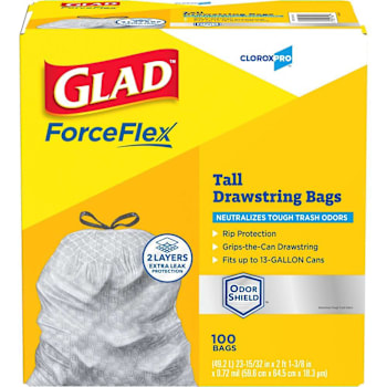 Glad Trash Bag, 13 Gal. Forceflex, Cloroxpro, Low Density, Grey, 100/Case