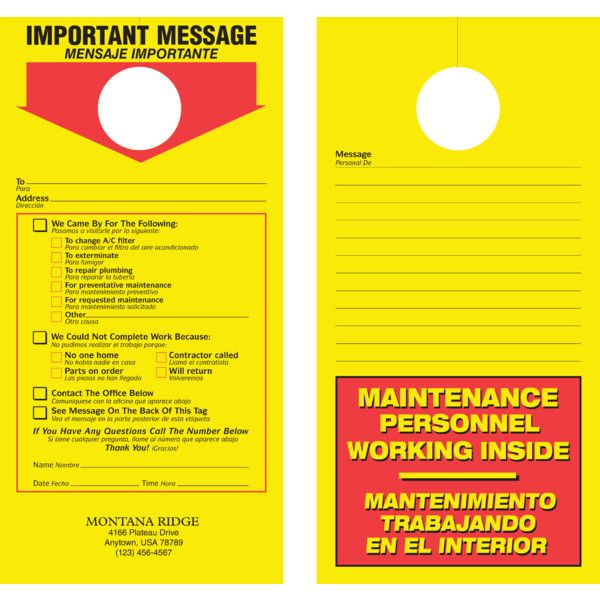 Maintenance Door Tags & Ex&le Of Safety Warning Door Hangers By