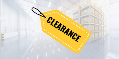 Last Chance Deals tag icon overlaying grayscale warehouse row lifestyle image background