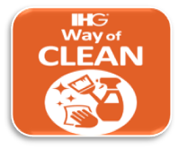 IHG Way Of Clean Logo in orange square with icons of cleaning products featuring squirt bottle, hand with cleaning cloth, broom