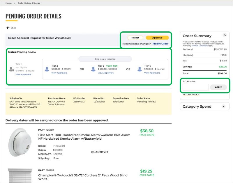 Pending Order Detail Page: Approver View