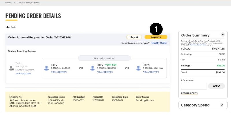 Pending Order Detail Page: Approve Order