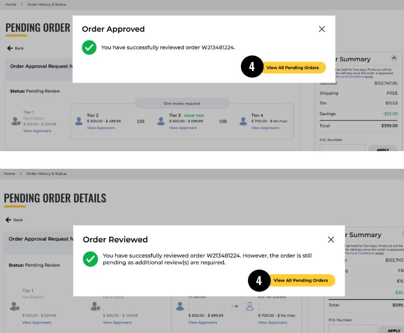 Pending Order Detail Page: Approve Confirmation Modal