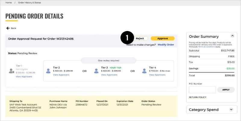 Pending Order Detail Page: Reject Order