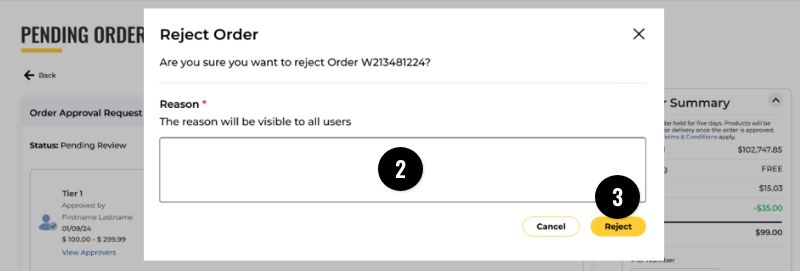Pending Order Detail Page: Reject Reason Modal