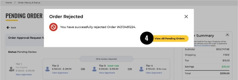 Pending Order Detail Page: Reject Confirmation Modal