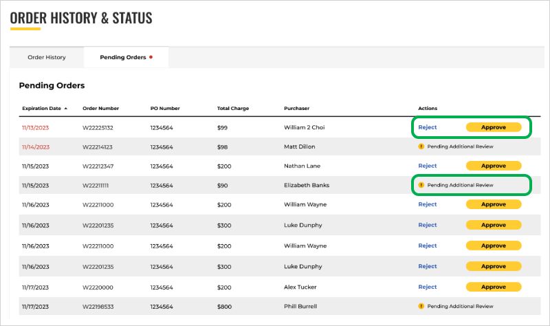 Approver View: Pending Orders Dashboard