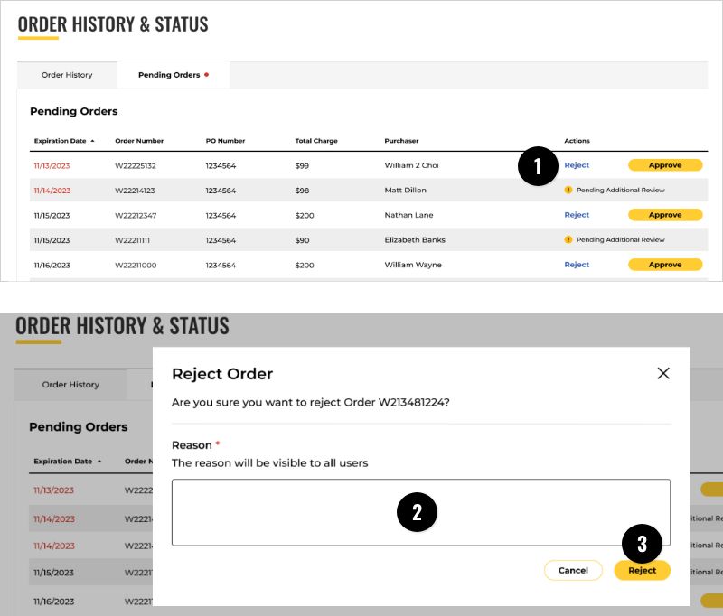 Pending Order List: Reject Order
