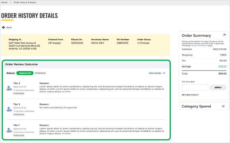 Order History Detail Page: Approved Orders