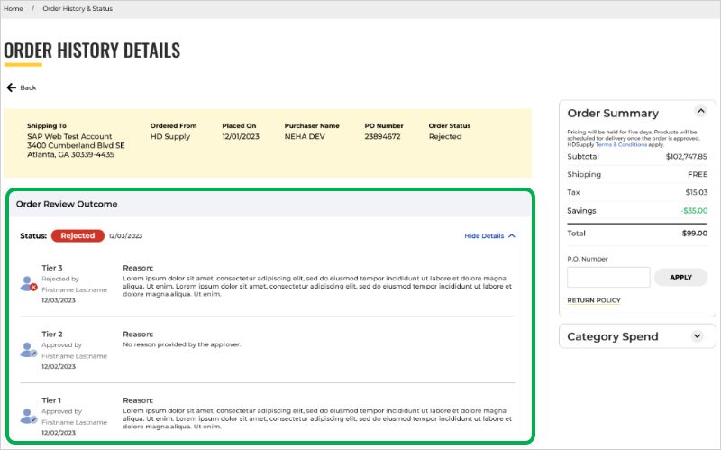 Order History Detail Page: Rejected Orders