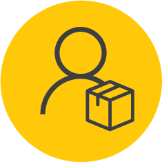 Onsite Services Black Icon of Human Behind a Box on Shelves in Yellow Circle